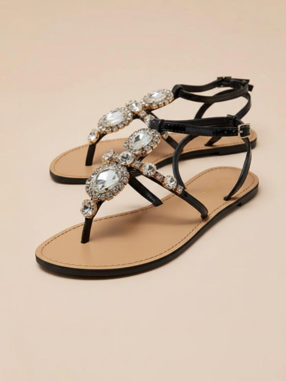 Women’s Rhinestone T-Strap Flat Sandals – Crystal Embellished Gladiator Sandals - Picture 2 of 3